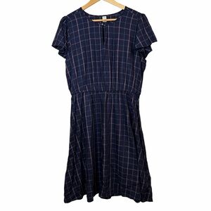 Old Navy Plaid Midi Dress Navy Pink Short Sleeve Rayon Size Large